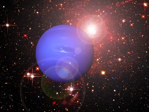 Niebieski Neptun dryfuje wśród milionów gwiazd, jakby pływał w kosmicznych Rybach.