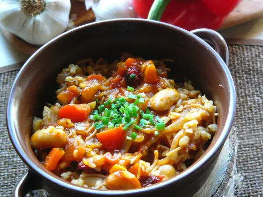 Pyszna kasza bulgur gotowanie z warzywami i fasolą, posypana szczypiorkiem. Aromatyczne danie, które zachwyca smakiem.