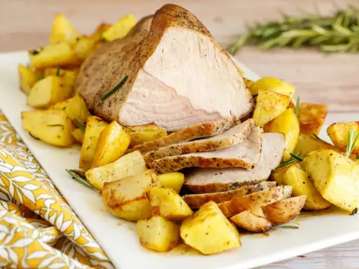 Arrosto di vitello al forno, succulento e dorato, servito con patate arrosto croccanti e profumate al rosmarino.