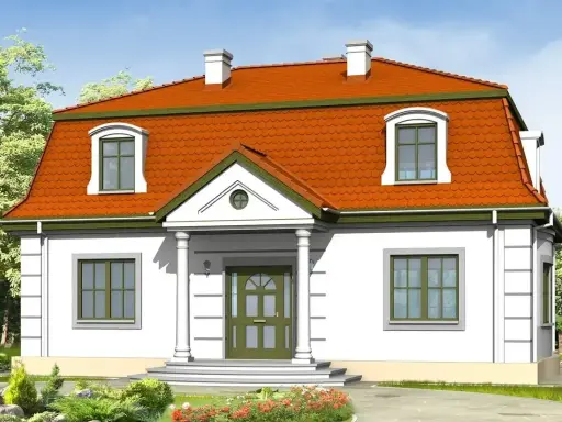 Dom z mansardowym dachem, który jest przykładem tego, co to jest mansarda. Okna dachowe dodają uroku.