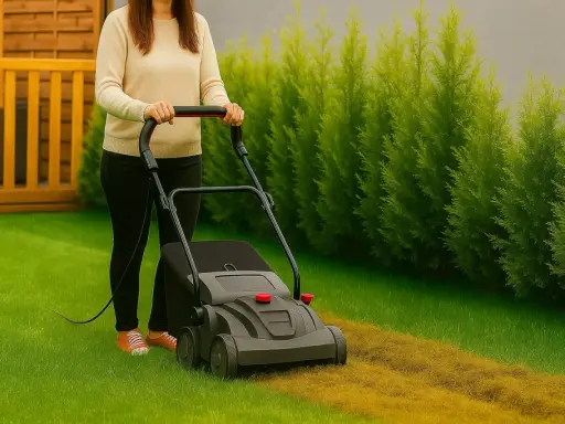 Kobieta używa rekultywatora, aby odświeżyć trawnik, usuwając starą trawę i mech.