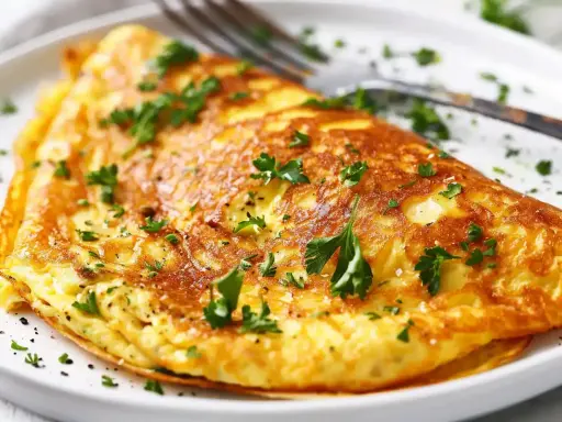 En gyllene omelett, perfekt för ett snabbt omelett recept, toppad med färsk persilja och en nypa salt.