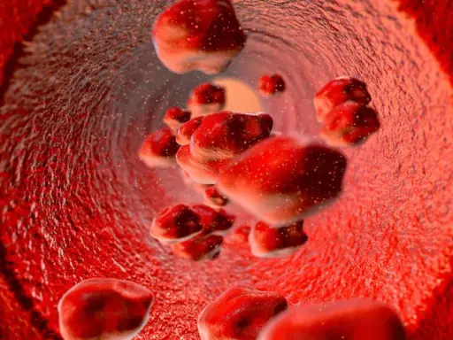 Czerwienica prawdziwa to choroba mieloproliferacyjna, nie nowotwór złośliwy. Widok naczyń krwionośnych z nadmiarem czerwonych krwinek.