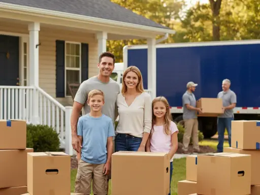 Famille souriante devant sa nouvelle maison, entourée de cartons. Des déménageurs chargent un camion, signe qu'ils sont en train d'organiser leur déménagement.