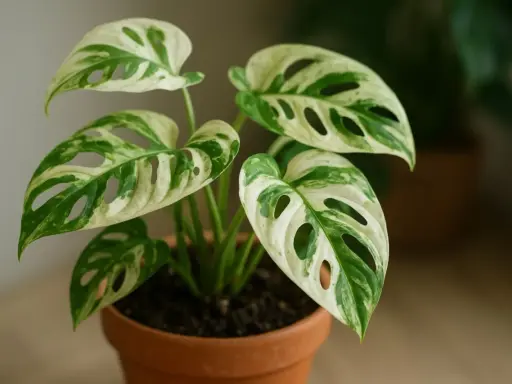 Monstera biala z liśćmi w biało-zielone wzory, z charakterystycznymi dziurami, w terakotowej doniczce.