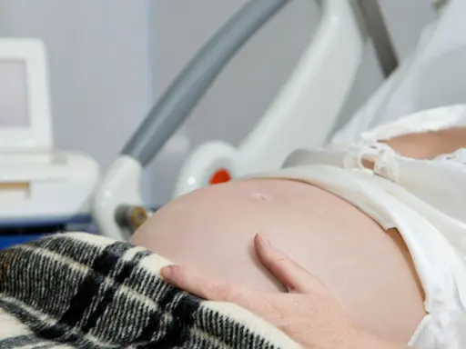 Kobieta w szpitalnym łóżku, z ręką na brzuchu, czeka na poród. Obok monitor KTG, który pomaga ocenić, jak przyspieszyć rozwarcie.