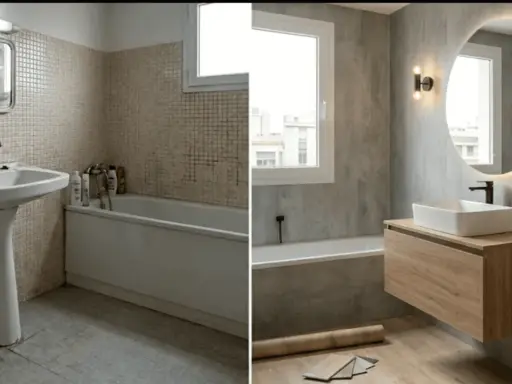 Baño renovado con revestimiento de paredes sin obras. Antes, azulejos viejos; ahora, moderno y elegante.