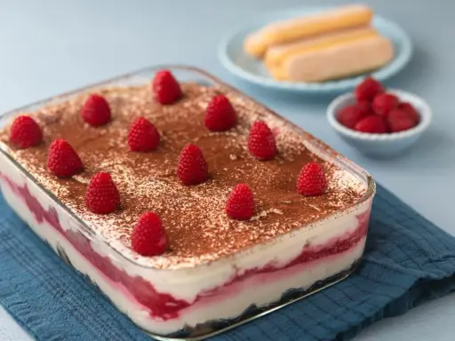 Himbeer Tiramisu mit Joghurt und Mascarpone, dekoriert mit frischen Himbeeren und Kakaopulver. Ein leichter Genuss!