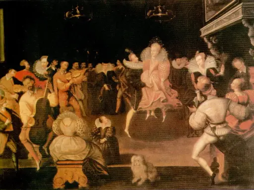 Elżbieta i Tudor bawią się na dworskim balu. Muzycy grają, a goście w barwnych strojach tańczą. Ciekawostki z epoki Tudorów.