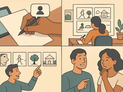 Un uomo e una donna discutono, mentre un altro uomo indica delle immagini. Il reportage significato è nel processo di raccolta e presentazione di informazioni.