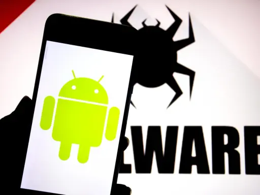 Android-Logo auf einem Smartphone, daneben ein stilisiertes Käfer-Symbol und das Wort "MALWARE".