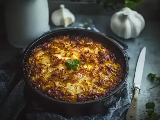 En gyllene kålpudding i gjutjärnspanna, redo att serveras. Perfekt för ett mysigt kålpudding recept.