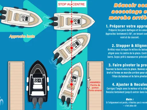 Illustration montrant comment tracer itinéraire bateau pour un accostage en marche arrière, avec des étapes claires.
