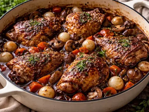 En mustig coq au vin i en gjutjärnsgryta, med saftiga kycklingdelar, champinjoner, små lökar och morötter i en mörk sås.