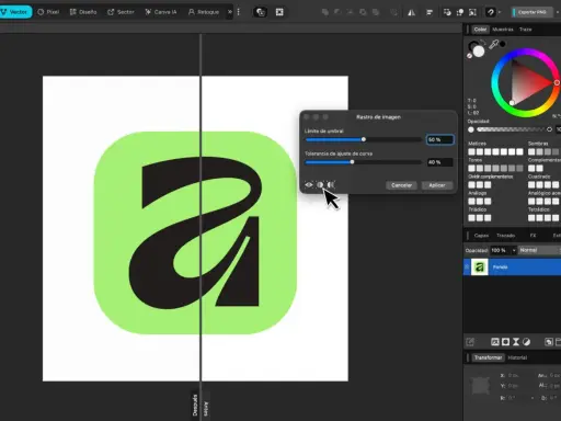 Interfaz de software de diseño gráfico, con un logo "a" en formato vector y opciones de ajuste de imagen.