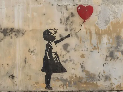 Girl reaching for a red heart balloon, a poignant scene from Banksy's most expensive art, "Girl with Balloon.