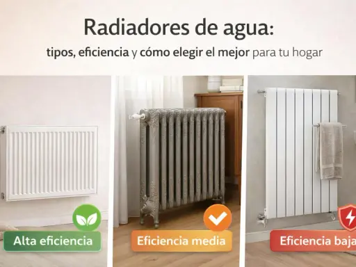 Tres tipos de radiadores de agua: uno moderno de alta eficiencia, uno clásico de eficiencia media y uno vertical de baja eficiencia.