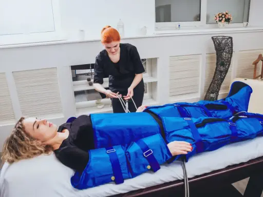 Kobieta w salonie piękności poddawana zabiegowi, który wyjaśnia, co to jest drenaż limfatyczny. Terapeuta przygotowuje urządzenie do masażu uciskowego.