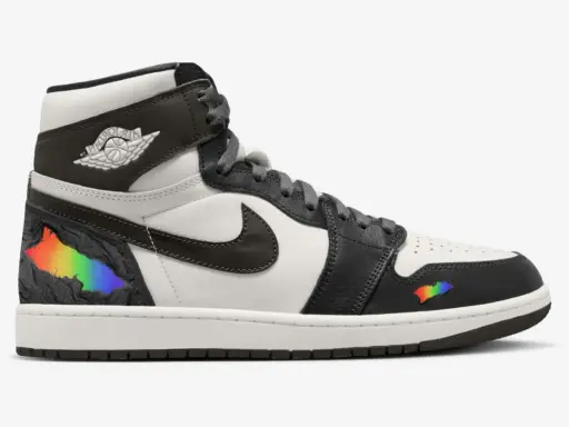 Der erste Air Jordan High mit Regenbogen-Akzenten, die wie ein Riss in der schwarzen Oberfläche wirken.