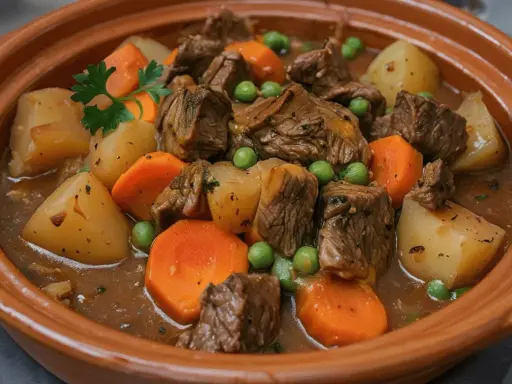 Un reconfortante plato de carne guisada con trozos de ternera tierna, patatas, zanahorias y guisantes en una rica salsa.