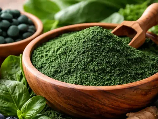 Zielony proszek spiruliny w drewnianej misce, obok tabletek, cytryny, jagód i awokado. To jest spirulina, co to za superfood?