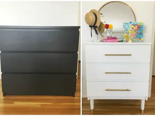 Före- och efterbild på en mörk byrå som fått en ljus malm byrå makeover med nya ben och guldfärgade handtag.