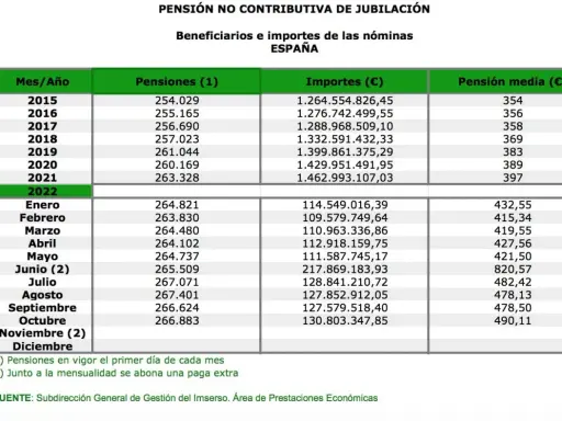 Tabla muestra pensiones no contributivas en España. En 2021, la pensión media fue 397€. Averiguar cuanto es la pension minima en España es clave.