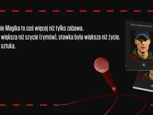 Piotr (Magik) Łuszcz, magic raper, w okładce książki "Excalibur". Mikrofon i tekst o sztuce.