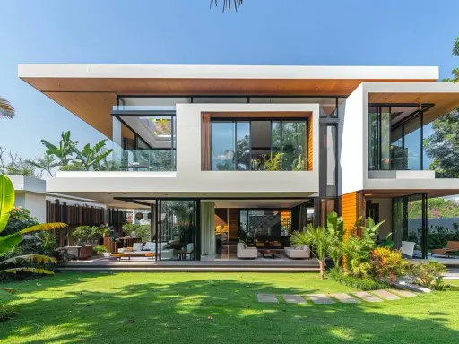 Une maison futuriste aux lignes épurées, avec de grandes baies vitrées, des balcons et une végétation luxuriante.