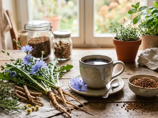 Tasse de café fumante près de racines de chicorée et de fleurs bleues. Les chicorée bienfaits sont nombreux, cette plante est utilisée pour ses vertus.