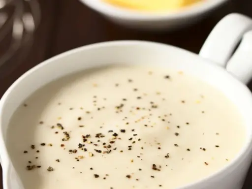 Sauce béchamel onctueuse, préparée avec de la fécule de maïs et assaisonnée de poivre noir fraîchement moulu.