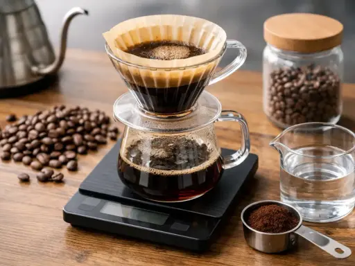 Ein detailliertes Kaffee-Rezept: Kaffeebohnen, gemahlener Kaffee, Wasser und ein Filter-Kaffeebereiter auf einer Waage.