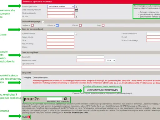 Formularz zgłoszenia reklamacji DPD. Opis problemu z paczką, dane kontaktowe i szczegóły szkody.