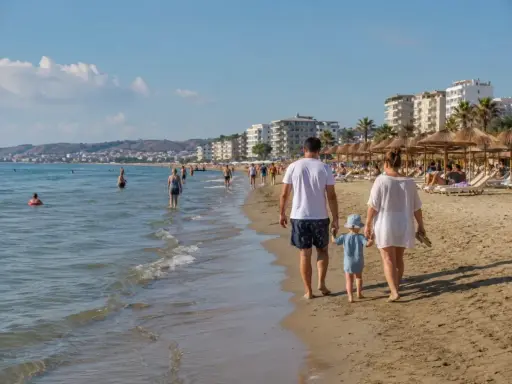 Rodzina spaceruje po piaszczystej plaży w Durrës. W tle widać morze, budynki i parasole plażowe.