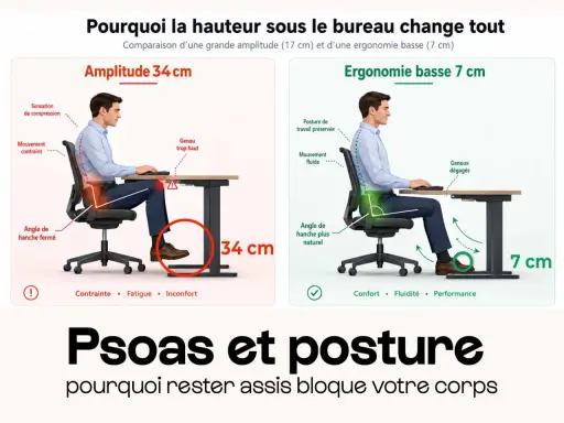 Comparaison de deux postures assises : une avec amplitude 34 cm (contrainte, fatigue) et une ergonomique à 7 cm (confort, fluidité). La signification des postures assises est claire.