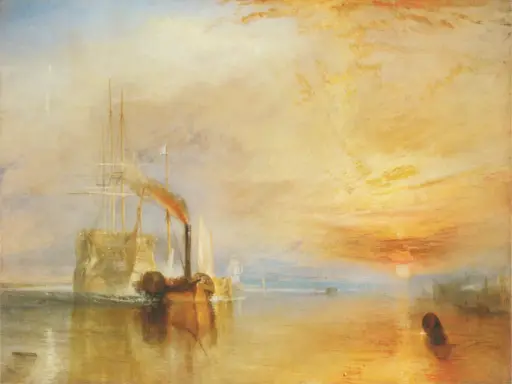 Dampfschiff zieht an Segelschiff vorbei im Sonnenuntergang, ein Meisterwerk bekannter Landschaftsmaler.