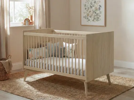Cuna de madera clara con barrotes, colchón y cojines decorativos. Las medidas cuna son ideales para un cuarto infantil acogedor.