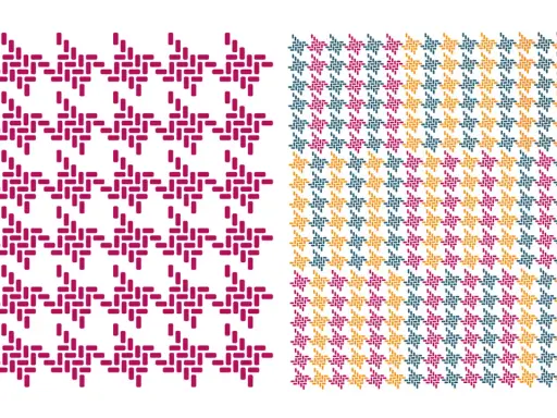 Two patterns: a single color check pattern in magenta on the left, and a multi-color check pattern in magenta, teal, and gold on the right.