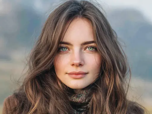 Portret młodej kobiety z jasną cerą i zielonymi oczami, w brązowych włosach.