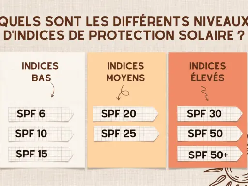 Tableau comparatif des indices de protection solaire : bas (SPF 6-15), moyens (SPF 20-25) et élevés (SPF 30-50+). Un indice UV pour bronzer en toute sécurité.