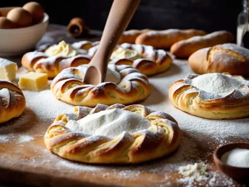 Pâte à croissant dorée, saupoudrée de sucre glace, prête à être garnie. Des ingrédients frais sur la table.