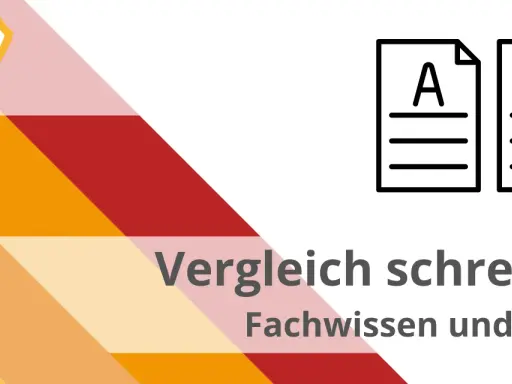 So wie schreibt man einen Vergleich? Icons von Dokumenten A und B zeigen, wie man Fachwissen und Tipps für Vergleiche nutzt.