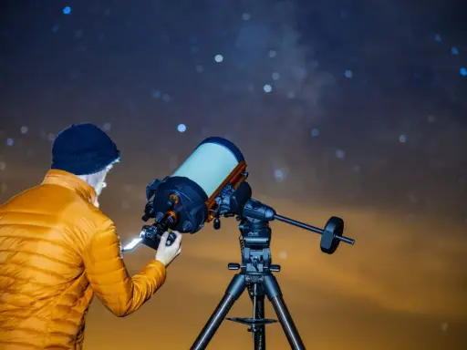 Mężczyzna w pomarańczowej kurtce ustawia aparat Canon EOS Ra do astrofotografii pod rozgwieżdżonym niebem.