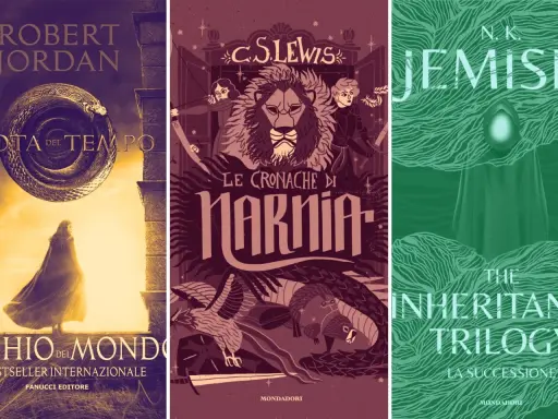 Copertine di libri fantasy: "La Ruota del Tempo", "Le Cronache di Narnia" e "The Inheritance Trilogy".