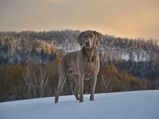 Chien Weimaraner dans la neige, le museau légèrement couvert de givre, rappelant le syndrome queue de cheval chien par sa posture fière.