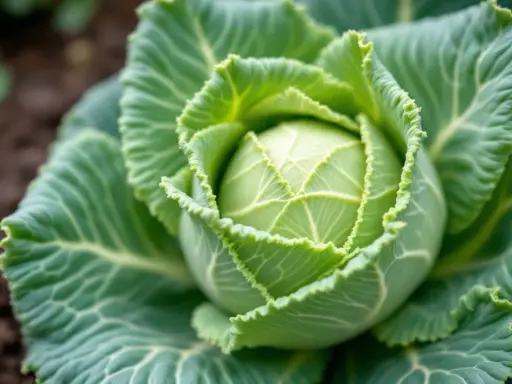 Gros plan sur un chou vert frais, ses feuilles ondulées révèlent une texture délicate, signe d'une croissance saine, loin du mildiou du chou.