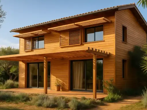 Belle maison ossature bois, avec pergola et volets en bois. Avis positif sur cette construction écologique et chaleureuse.