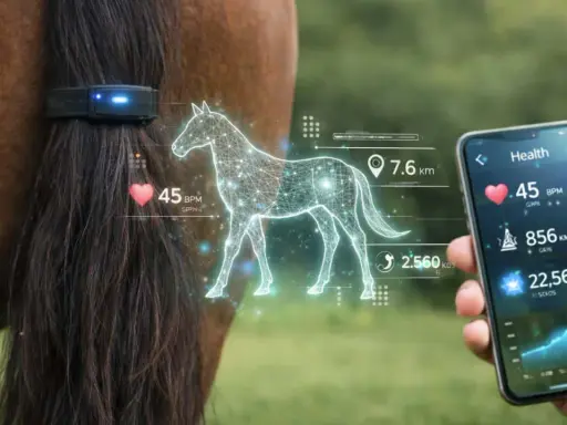 Pferd mit einem Horse Tracker am Schweif. Daten wie Herzfrequenz und Distanz werden auf einem Smartphone angezeigt.