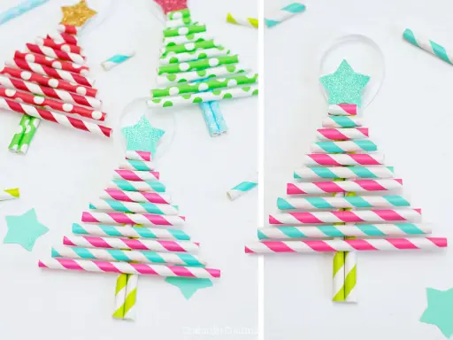Alberi di Natale colorati realizzati con cannucce di carta, perfetti per lavoretti di Natale con piatti di plastica. Decorazioni fai-da-te scintillanti.