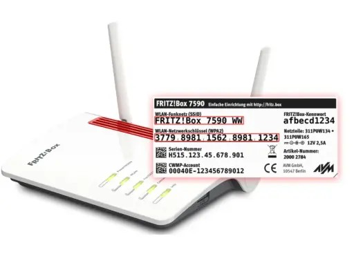 FRITZ!Box 7590 mit WLAN-Schlüssel 3779 8981 1562 8981 1234 für die Einrichtung von wpa/wep.